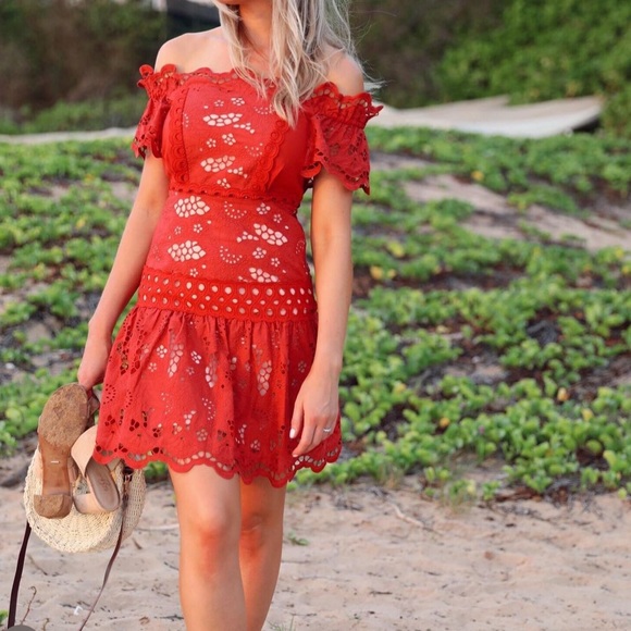 Red Eyelet Short Set